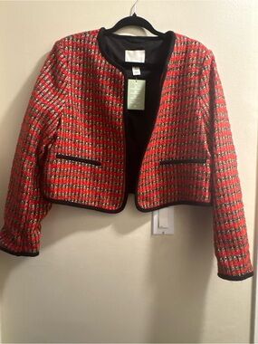 H&M Red Tweed Cropped Blazer with Black Trim